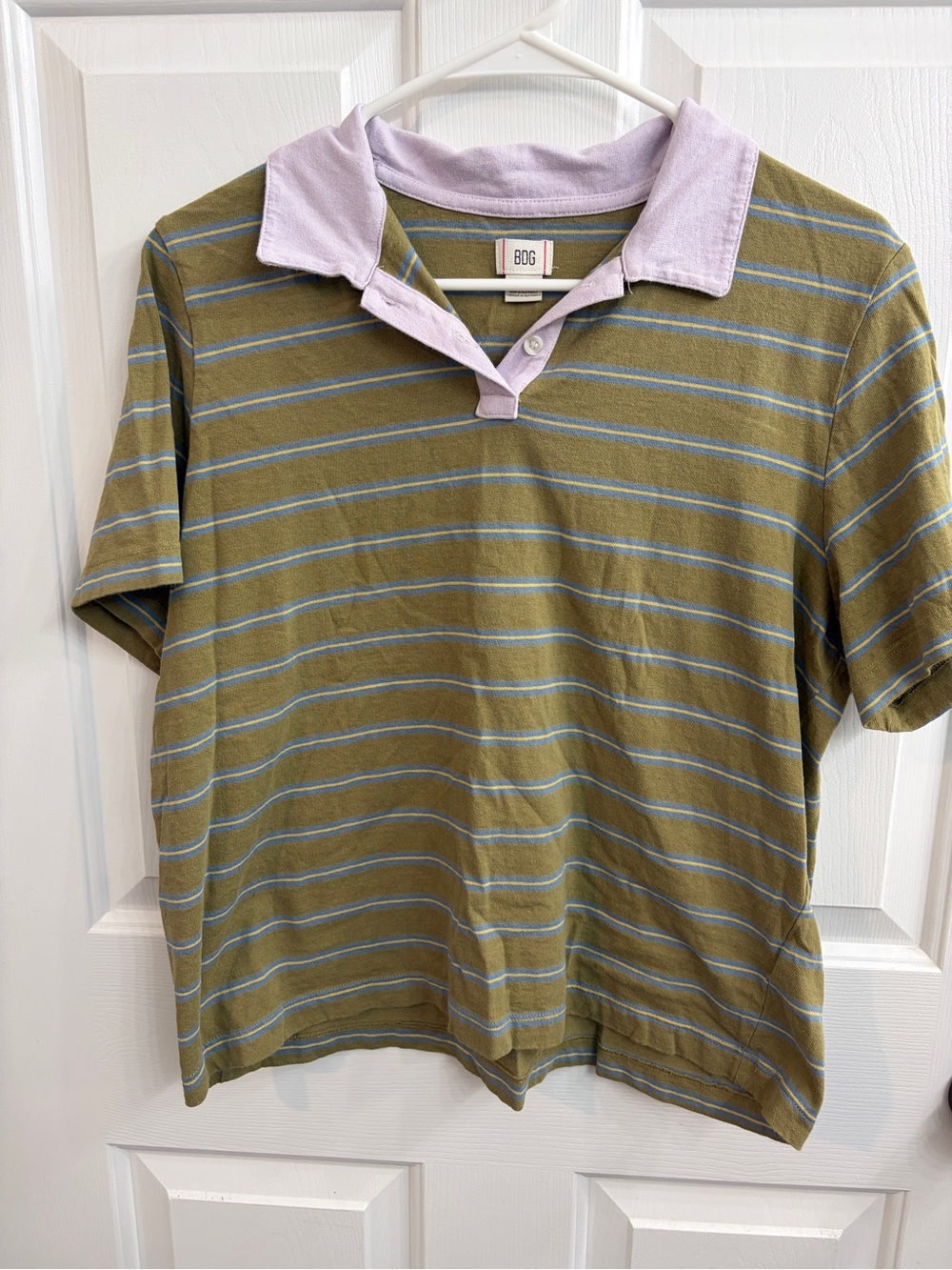BDG Olive Green Striped Polo with Lavender Collar